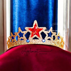 Wonder Hero Crown, Birthday Crown, Red Star Gold Tiara, Super Power Woman Gold Crown,  Halloween Cosplay Headband for Baby Girls to Adults