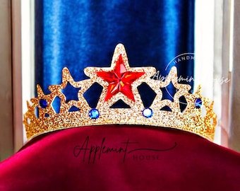 Wonder Hero Crown, Birthday Crown, Red Star Gold Tiara, Super Power Woman Gold Crown,  Halloween Cosplay Headband for Baby Girls to Adults
