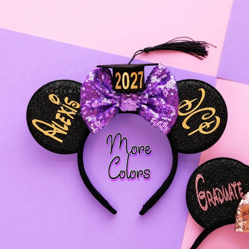 Orejas de Mickey para gorro de graduación, orejas de ratón para graduación 2027, diadema de la clase de 2027, orejas de Minnie, orejas de último año, orejas de Minnie, orejas para gorro de graduación