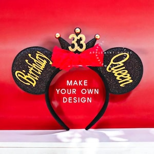 Birthday Queen Crown Ears, Mickey ears, Custom Minnie Ears, Personalized 30th Birthday Gift, Black Red Gold Colors, Mouse Ears All Ages