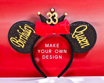 Birthday Queen Crown Ears, Mickey ears, Custom Minnie Ears, Personalized 30th Birthday Gift, Black Red Gold Colors, Mouse Ears All Ages