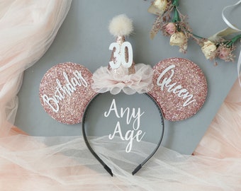 Mouse Ears for Birthday Queen | Mickey Minnie Ears in Rose Gold Glitter with Party Hat | Custom Made for Any Age | Personalized Gift for Her