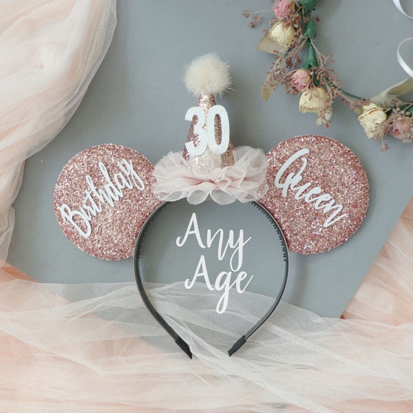 Birthday Ears, Birthday Mickey Ears, Rose gold Mickey ears, Minnie ears, Mickey ears, Birthday Party Hat Ears, Mouse Ears headband