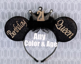 Birthday Ears, Birthday Mickey Ears, Birthday Minnie Ears, Birthday Queen Ears, Crown Mouse Ears, Custom Birthday Ears, Black and Gold Ears