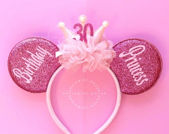 Birthday ears, Mickey ears, Pink Birthday Mickey ears, Minnie Ears, Birthday Queen Mouse Ears, Custom Birthday ears, Minnie headband