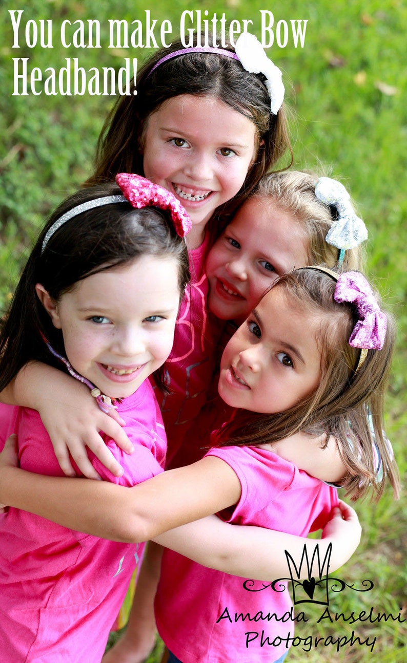 May include: Three young girls wearing pink shirts and glitter bow headbands are hugging each other. The text "You can make Glitter Bow Headband!" is at the top of the image. The image is taken outdoors with a green grassy background. The text "Amanda Anselmi Photography" is at the bottom of the image.