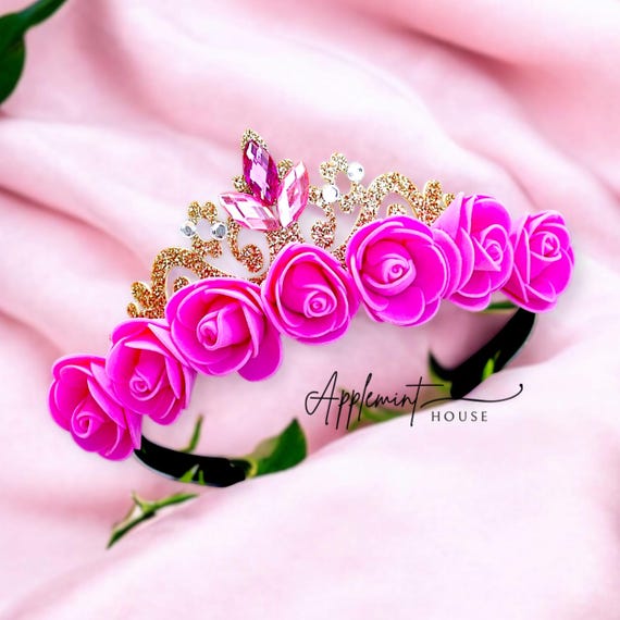 Princess Flower Crown, Floral Tiara, Birthday Party Crown, Pink Crystal Tiara Baroque Crystal Princess Crown | Pink Rhinestone Tiara for  main image 3