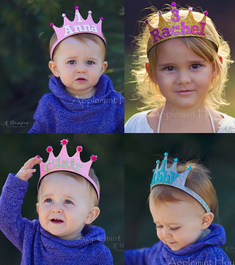 May include: Four pink, gold, and blue glitter princess crowns with names Anna, Rachel, Clair, and Abby. The crowns are on headbands and are worn by four children.