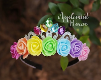 Birthday crown, Rainbow birthday crown, Birthday flower crown, princess crown, Baby girl birthday crown, Pastel rainbow crown headband