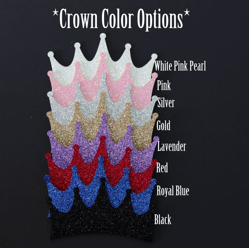 May include: A set of glitter crowns in various colors, including white, pink, silver, gold, lavender, red, royal blue, and black. *Crown Color Options* is written at the top of the image.