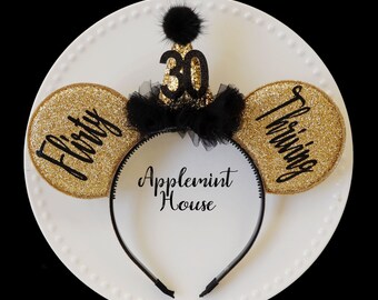 Birthday Party Hat ears, Birthday ears, Mickey ears, Minnie ears, Birthday Minnie ears, Gold and black Ears, 30th Birthday Ears