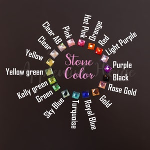 May include: A chart of different colored rhinestones with the names of each color written around the outside of the circle.