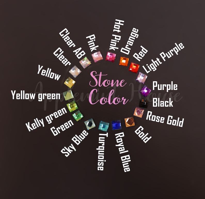 May include: A chart of different colored rhinestones with the names of each color written around the outside of the circle.