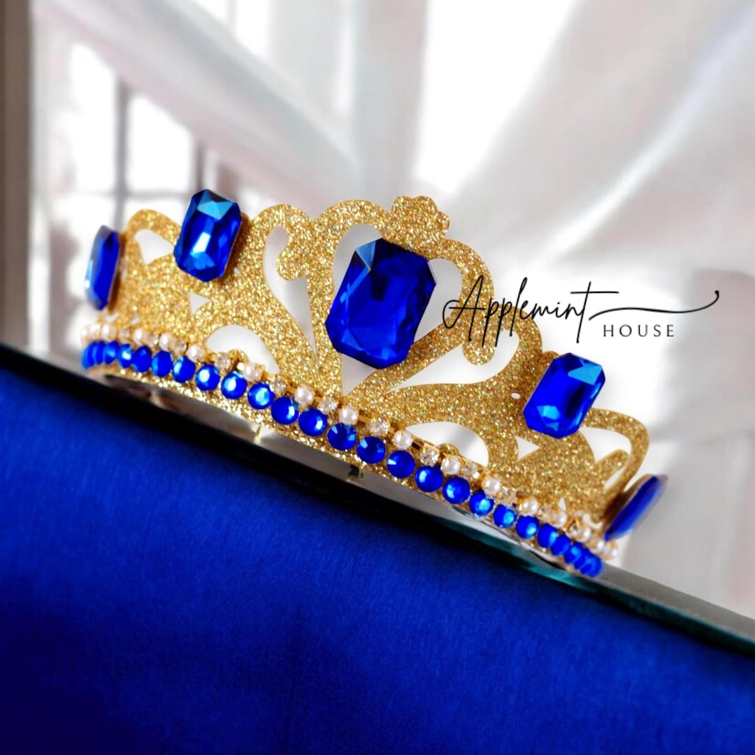 Gold Crown With Royal Blue Jewels Audrey Costume Tiara Headband gold-crown-with-royal-blue-jewels-audrey-costume-tiara-headband