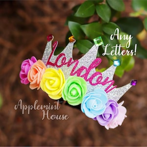Personalized Glitter Flower Crown: Custom Birthday Tiara Headband