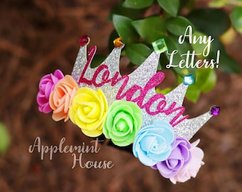 Personalized Flower Crown, Custom Design Birthday Glitter Headband, Rainbow Flower Silver or Gold Tiara for Girls, Elastic Headband