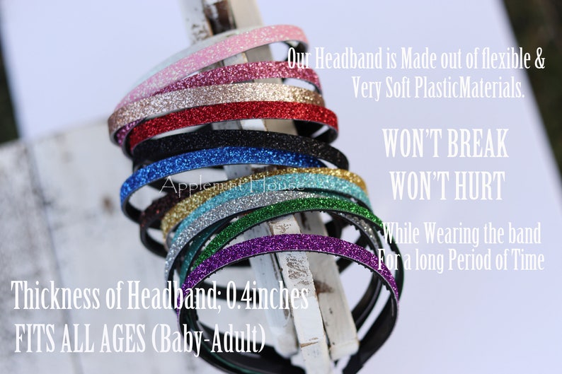 May include: A stack of 10 colorful glitter headbands in various colors, including pink, red, black, blue, gold, silver, green, and purple. The headbands are 0.4 inches thick and fit all ages. The text on the image reads: "Our Headband is Made out of flexible & Very Soft PlasticMaterials. WON'T BREAK WON'T HURT While Wearing the band For a long Period of Time."