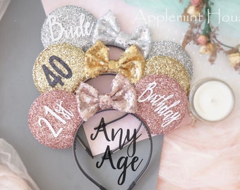 Birthday Ears, Mickey ears, Birthday Mickey ears, Minnie ears, Custom Mouse Ears Headband, Silver ears, gold ears, Rose gold ears