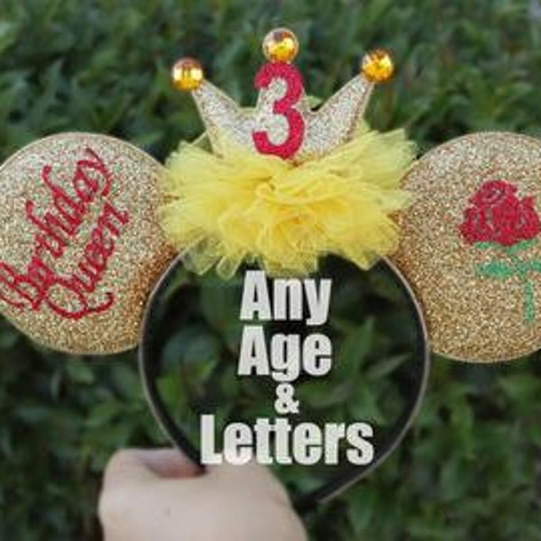 Birthday Minnie ears, Mickey birthday ears, Princess Belle birthday Minnie ears, Birthday ears, Belle birthday ears, birthday Mickey ear