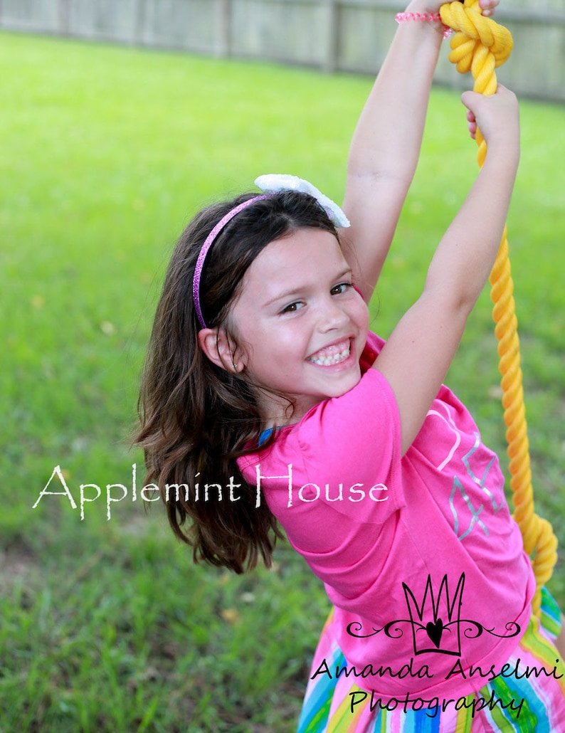 May include: A young girl with long brown hair wearing a pink shirt with a white crown and heart design and a rainbow striped skirt is swinging on a yellow rope. The text "Applemint House" is written in white on a green background. The text "Amanda Anselmi Photography" is written in white on a black background.