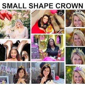 May include: A collage of photos featuring women wearing gold and pink glitter crowns with numbers and the word "Bride". The crowns are worn on their heads as headbands. The photos are set against a variety of backgrounds, including a pink and gold balloon arch, a chalkboard sign, and a table with a pink tablecloth.