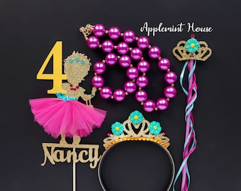 Fancy Nanci Crown & Cake Topper Set, Dress Up Costume Crown, Birthday Princess Gift Set, Necklace and Wand for Babies, Kids and Girls