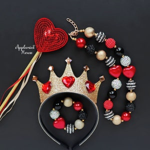 Queen of Hearts Crown Set, Queen of Heart Elastic Headband, Halloween Costume Headpiece for all Ages, Birthday Crown, Wand and Necklace Set