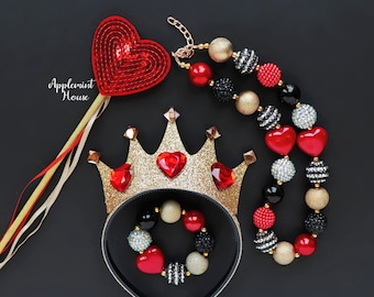 Queen of Hearts Crown Set, Queen of Heart Elastic Headband, Halloween Costume Headpiece for all Ages, Birthday Crown, Wand and Necklace Set