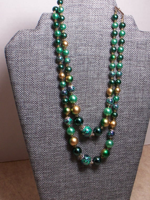 Green and gold double strand beaded necklace, gorg