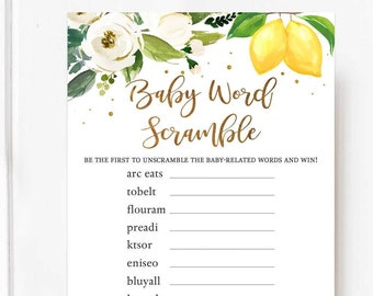 Lemon Baby Word Scramble Game Gender Neutral White Floral Citrus Lemonade Summer Baby Shower Game Games // Instant Download Digital 162V1