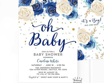 Blue Floral Baby Shower Invitation Boy Navy Blue Flower Oh Baby Boy Baby Brunch Luncheon Invite // Digital Printable OR Printed No.654 BABY