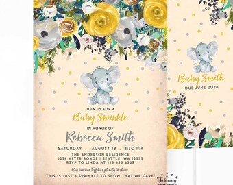 Gender Neutral Baby Sprinkle Invitation Boy Girl Yellow Gray Floral Elephant Peanut Baby Brunch Invite Digital Printable 95 BABY (V3)