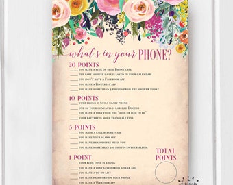 What's In Your Phone Game Floral Baby Shower Games for Girl Baby Girl Shower Games Printable // INSTANT DOWNLOAD 745