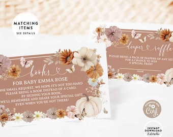 EDITABLE Fall Pumpkin Wildflower Boho Insert Card: Diaper Raffle Books For Baby Template Instant Download 1220V1
