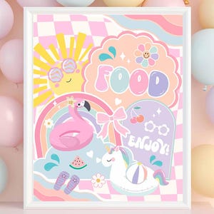 May include: A framed print with a whimsical design featuring a smiling sun, flamingo, rainbow, and unicorn. The word "FOOD" is in the center, with "ENJOY!" below. Pastel colors and a checkered background create a playful aesthetic.