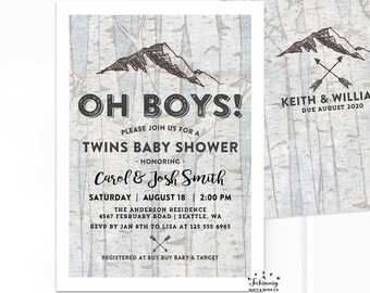 Adventure Twins Baby Shower Invitation Twin Boy Camping Rustic Mountain Couple Oh Boys Baby Shower Brunch Invite Printable No.69 BABY (V3)