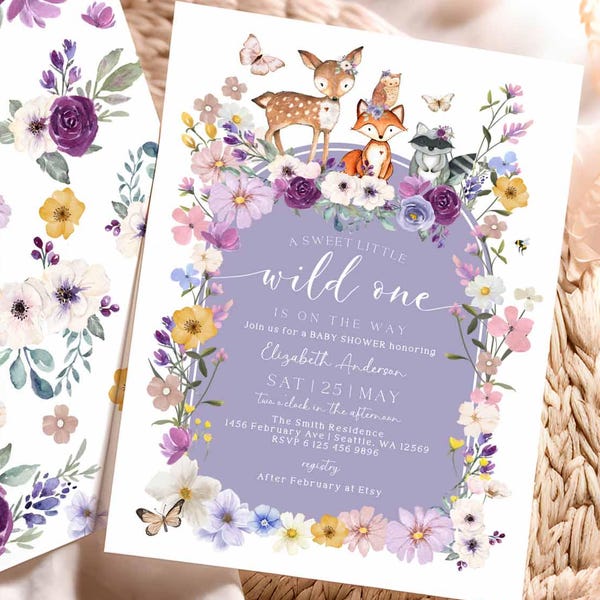 Purple Woodland Wild One Baby Shower Invitation: Wildflowers Forest Animals Invit Template 1078V1 (1)