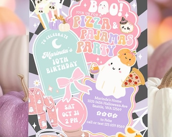 Halloween Pizza Pajamas Party Invitation: Ghost Spooky Boo Sleep Over Invite Template 684K3 (8)