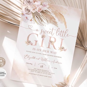 EDITABLE Girl Pink Pampas Grass Boho Girl Baby Shower Invitation Blush Floral Girl Boho Shower Invite Template Template Download 411V1 (3)