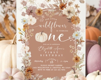 Fall Pumpkin Wildflower 1st Birthday Invitation: Autumn Floral First Birthday Invite Template 1220K1 (1-5)