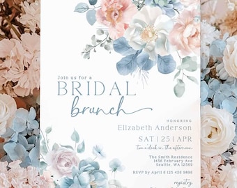 May include: A printable bridal brunch invitation with a watercolor floral design in shades of blue and pink. The text reads "Join us for a Bridal Brunch" and includes the bride's name, date, time, and location. RSVP by April 12th, 430-0000. Registry: February Baby Shop.