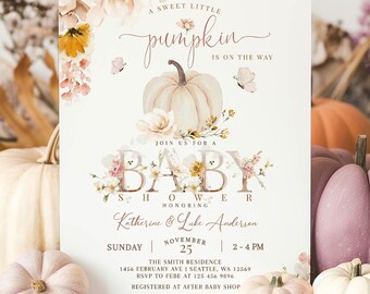 Blush Pink Pumpkin  Fall Baby Shower Invitation: Autumn Floral Shower Invite Template 1227V1 (1)