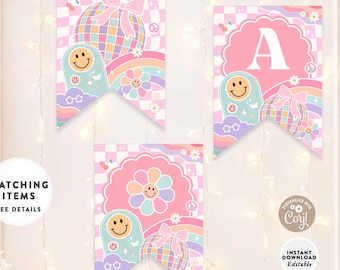 Groovy Rainbow Disco Party Pennant Banner: Girly Coquette Birthday Decor Banner Printable Template 606K1