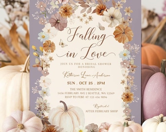 Dusty Purple Pumpkin Fall Bridal Shower Fall In Love Invitation Invite Template 1220BR5 (1)