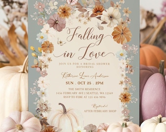 Sage Pumpkin Fall Bridal Shower Invitation: Fall In Love Couples Invite Template 1220BR2 (1)