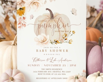 Blush Pink Pumpkin Baby Shower Invitation: Autumn Floral Sprinkle Invite Template 1227V1 (2)