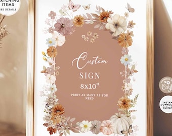 Fall Pumpkin Wildflower Baby Shower Floral Butterfly Birthday 8x10" Custom Sign: ALL TEXT EDITABLE Template 1220V1