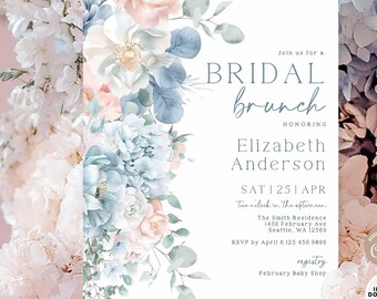 May include: A printable bridal brunch invitation with a watercolor floral design in shades of blue and pink. The invitation features the text "Bridal Brunch" and the date "Sat 1.25.1 Apr".