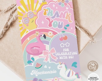 Etykiety na upominek na imprezę przy basenie w stylu preppy: dziewczęca kokietka, podziękowania urodzinowe, szablon do druku 631K1