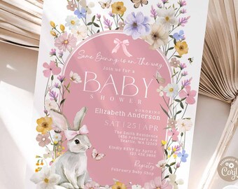 Somebunny Bunny Baby Shower Invitation: Spring Floral Pink Wilsflower Editable Template 312V1 (1)